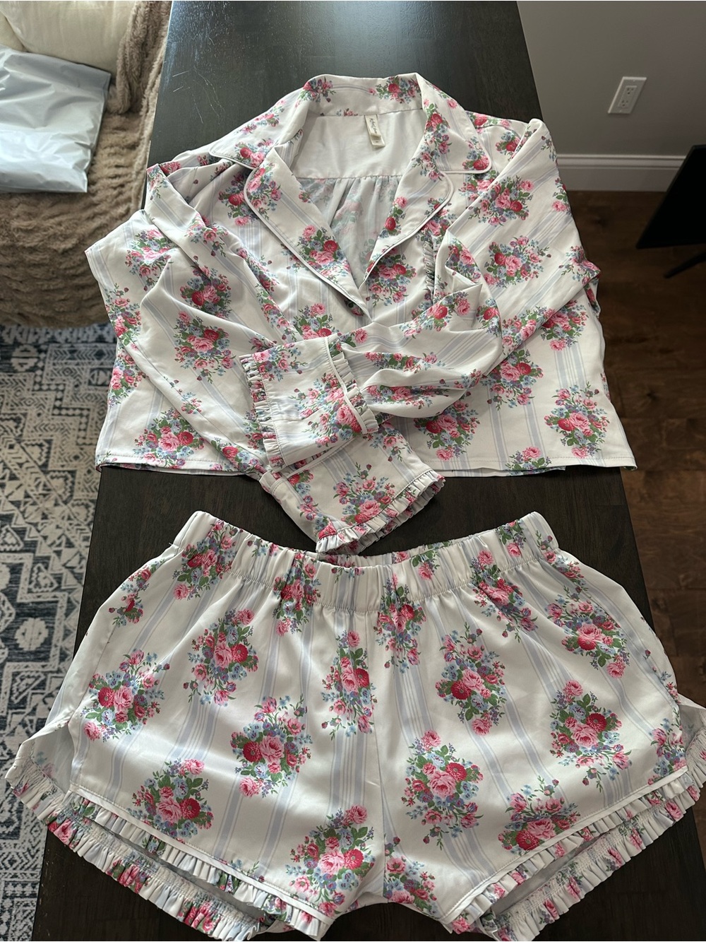 For Love And Lemons Cream Floral Ruffle Pajama Set